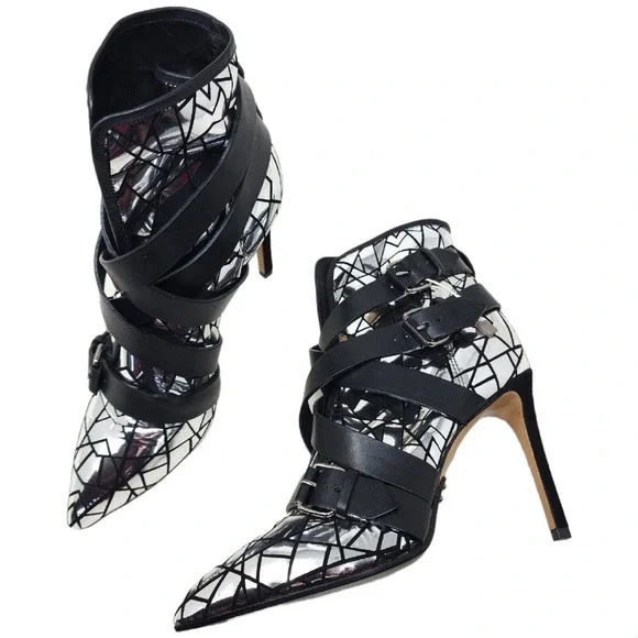 Balmain Paris Womens Boots Jackie Mosaic Silver Metallic Strappy Ankle Heel 37 7 - Picture 1 of 11